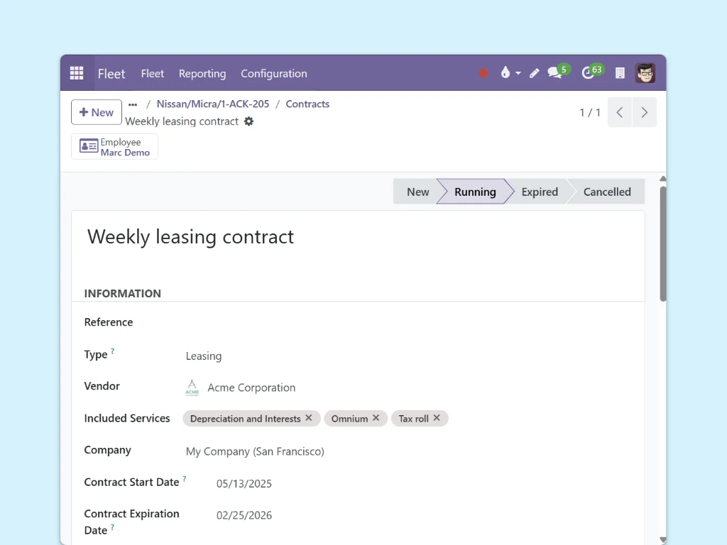 Leasing, insurance, and contract management feature