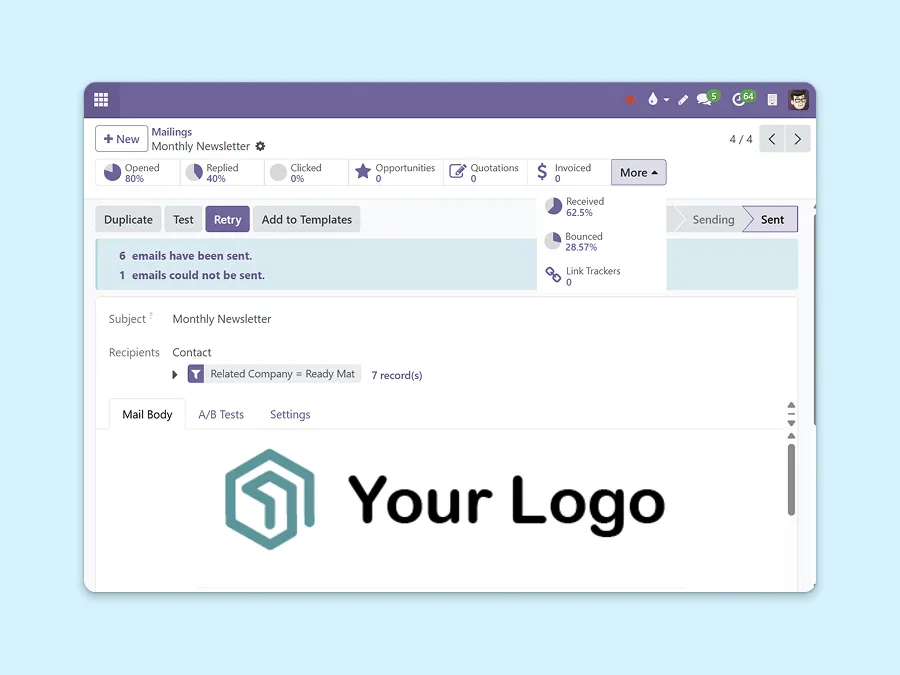 Screenshot showing the detailed information for a monthly newsletter