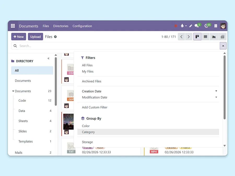 Screenshot showing the different filters we can apply to search for documents