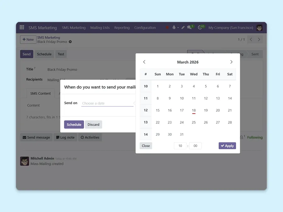 Captura de pantalla que muestra cómo configurar un correo electrónico para que se envíe automáticamente un día concreto