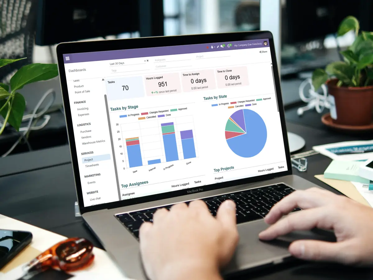 A computer showing the main screen of the Business Intelligence app