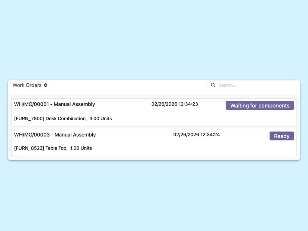 Work order status showing components on hold