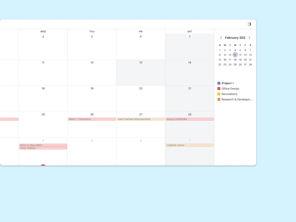A calendar showing the project schedule by day
