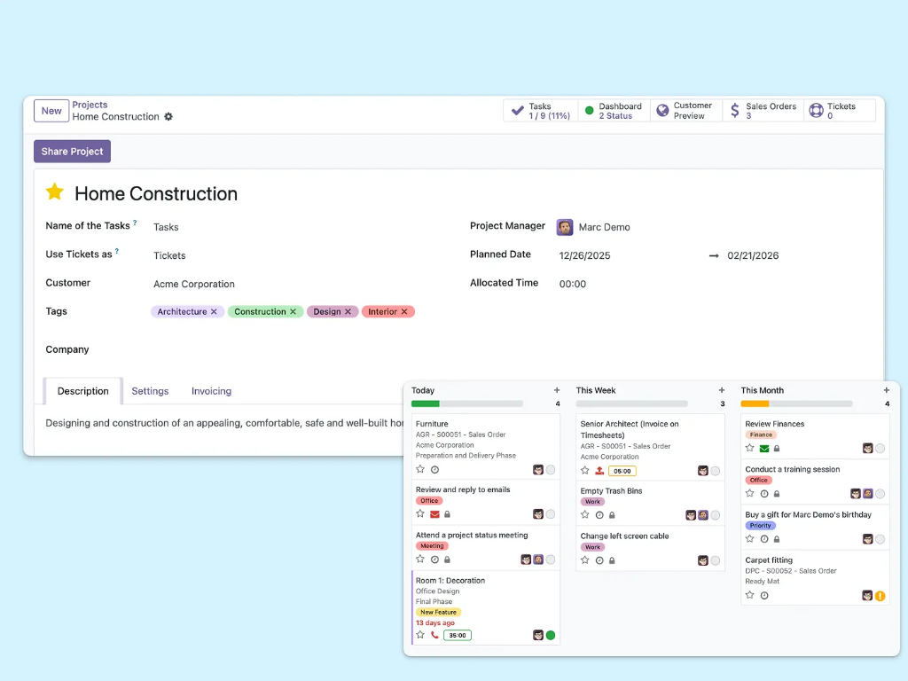 Main card for a specific project, details, and how it appears on the Kanban board