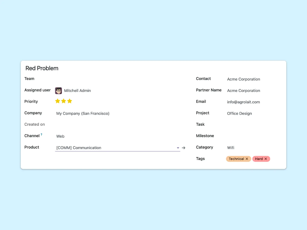Ejemplo de un ticket en el que se indica el problema de red, la prioridad y a quién se le ha asignado