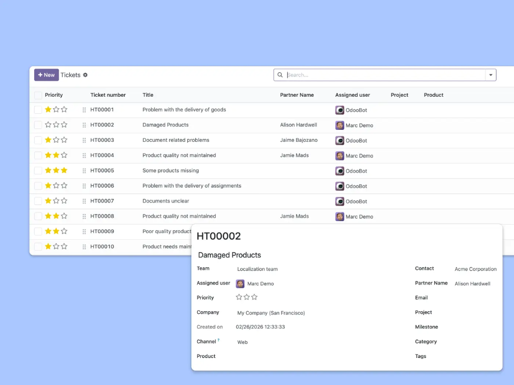 Lista de tickets creados y asignados, junto con un ejemplo de una ficha de ticket en la que se muestran sus detalles