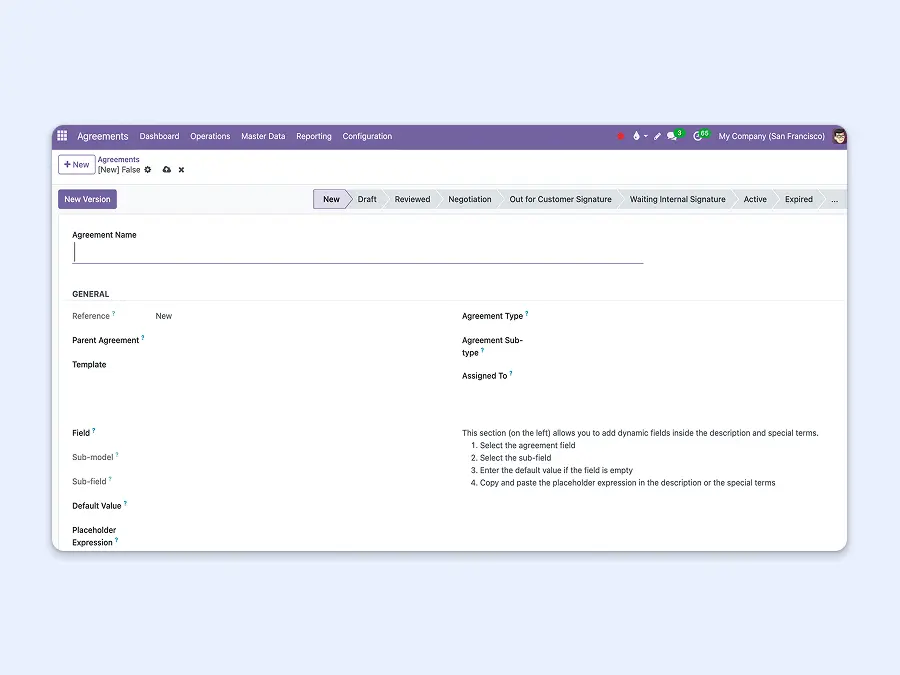 Screenshot showing a customizable agreement template