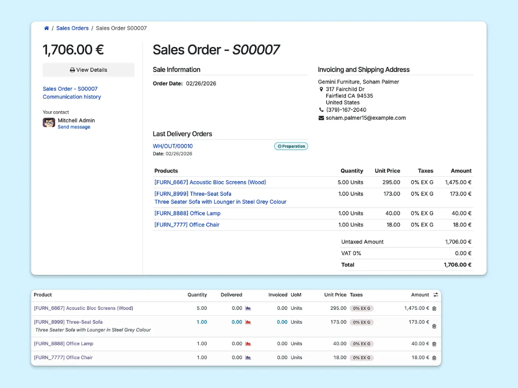 Pedido de venta con información detallada, como la lista de productos, la dirección de envío, las cantidades, los precios y la fecha