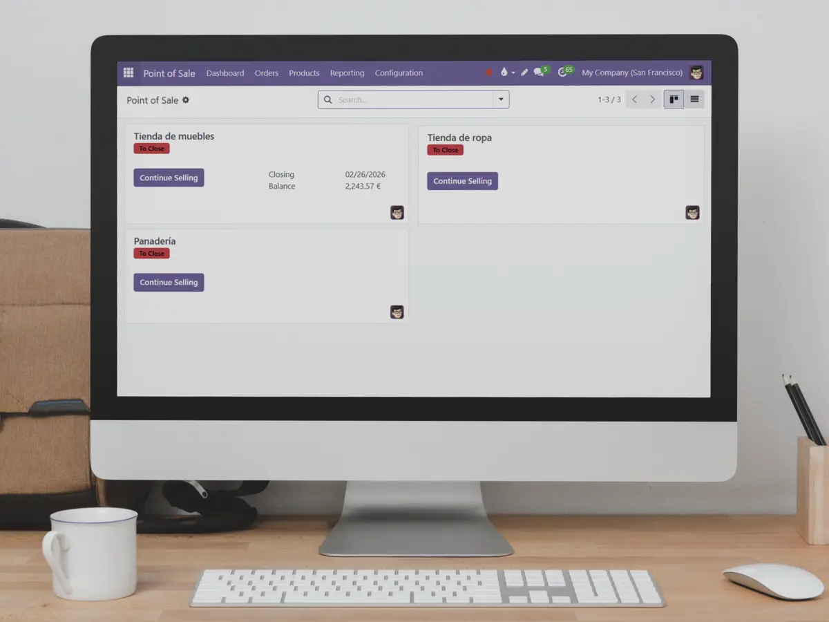 Un ordenador cuya pantalla muestra la página de inicio de la aplicación de punto de venta