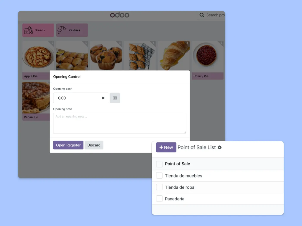 Capturas de pantalla que muestran cómo abrir y seleccionar el saldo de caja en un punto de venta y cómo crear diferentes puntos de venta