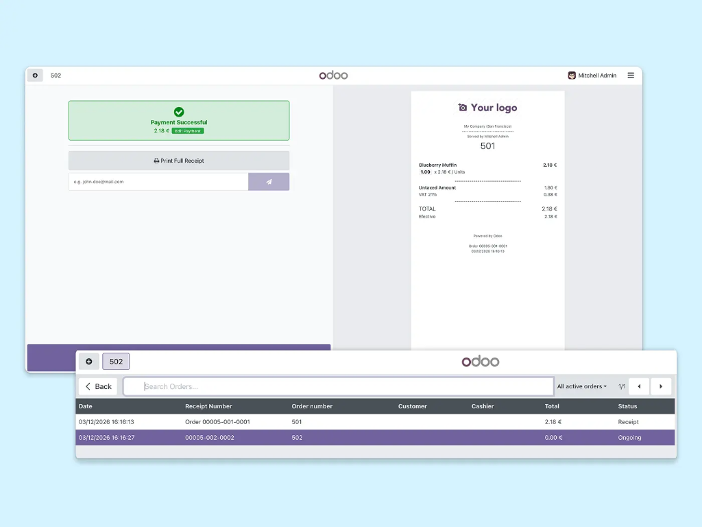 Captura de pantalla en la que se muestra un pago completado de un producto, la orden de compra y una lista de pedidos pendientes y en curso
