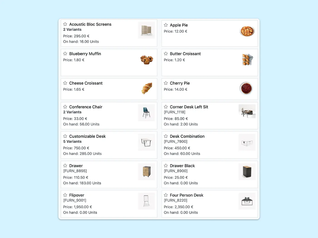 Captura de pantalla en la que se muestra una lista de productos con sus precios e imágenes