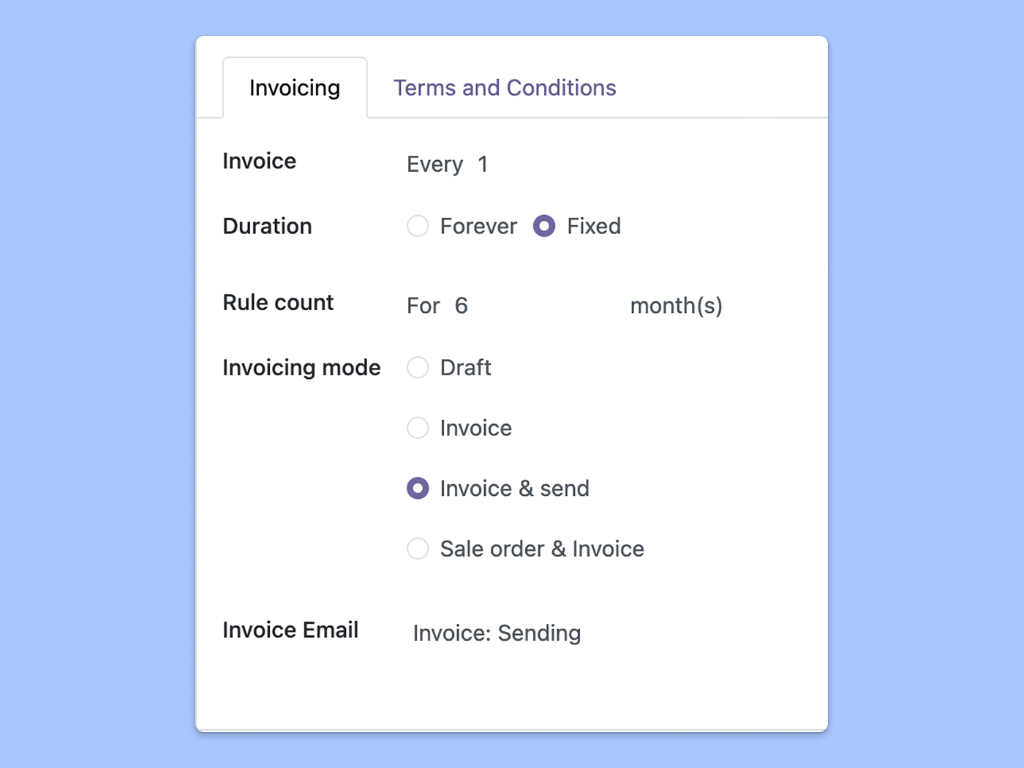 Captura de pantalla en la que se muestran los términos y condiciones y la opción de facturación que se puede configurar