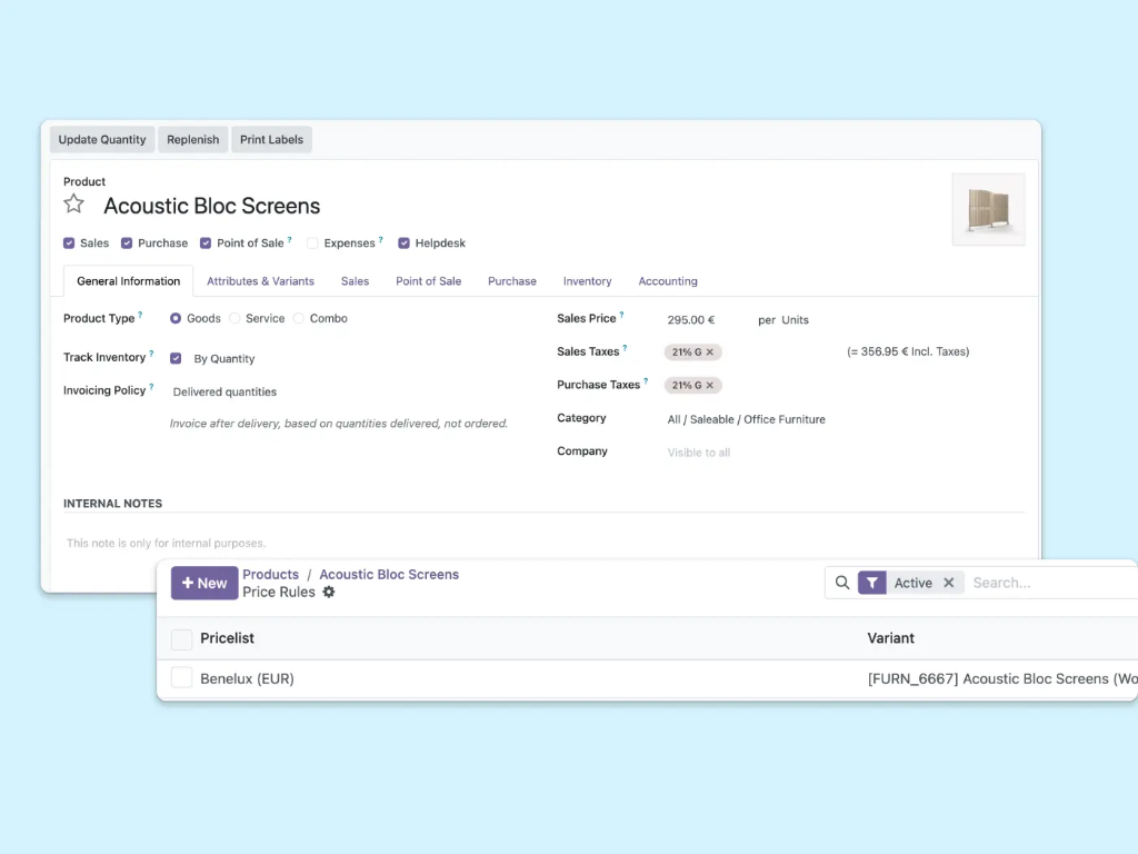 Captura de pantalla que muestra una ficha de producto totalmente personalizable y sus reglas de precios
