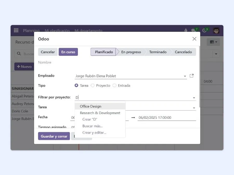 Una pantalla que muestra la creación de una tarea y sus numerosas opciones de personalización