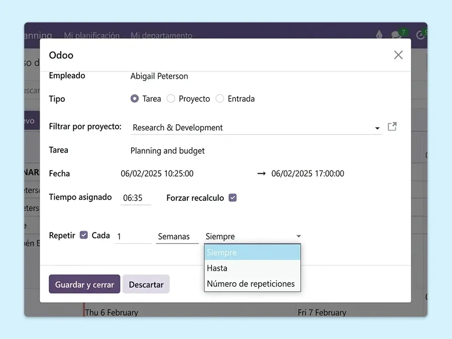 Una ficha en la que podemos ajustar el tiempo asignado a una tarea