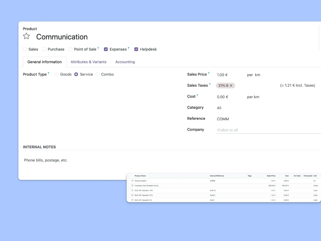 Screen displaying an editable template for a product type