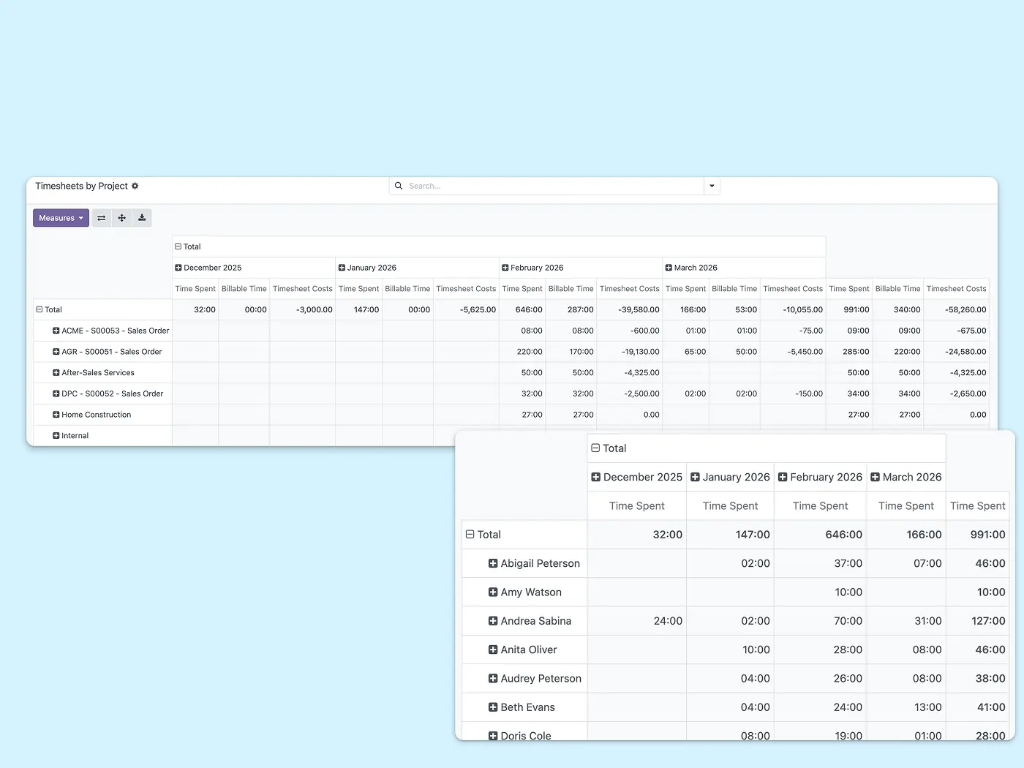 Breakdown of hours worked by project, with detailed information on each project and each employee