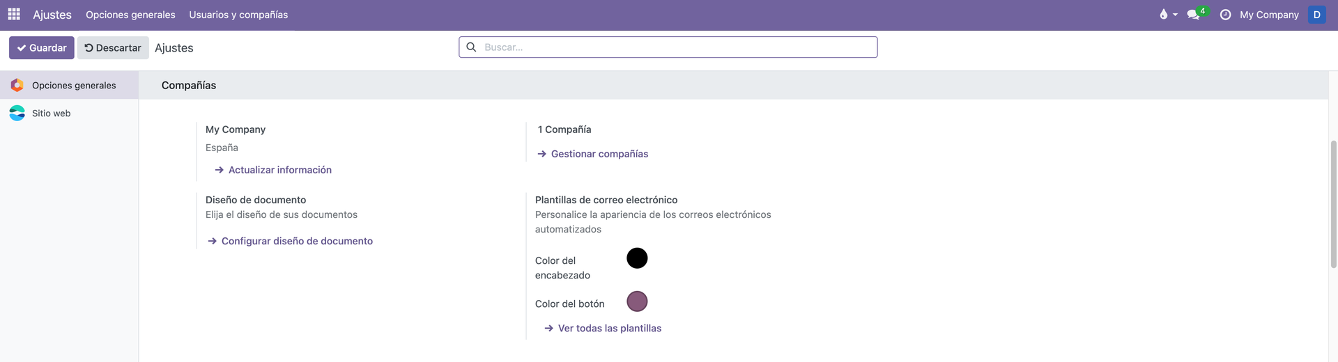Company profile settings screen in Odoo, showing logo, address and localization fields
