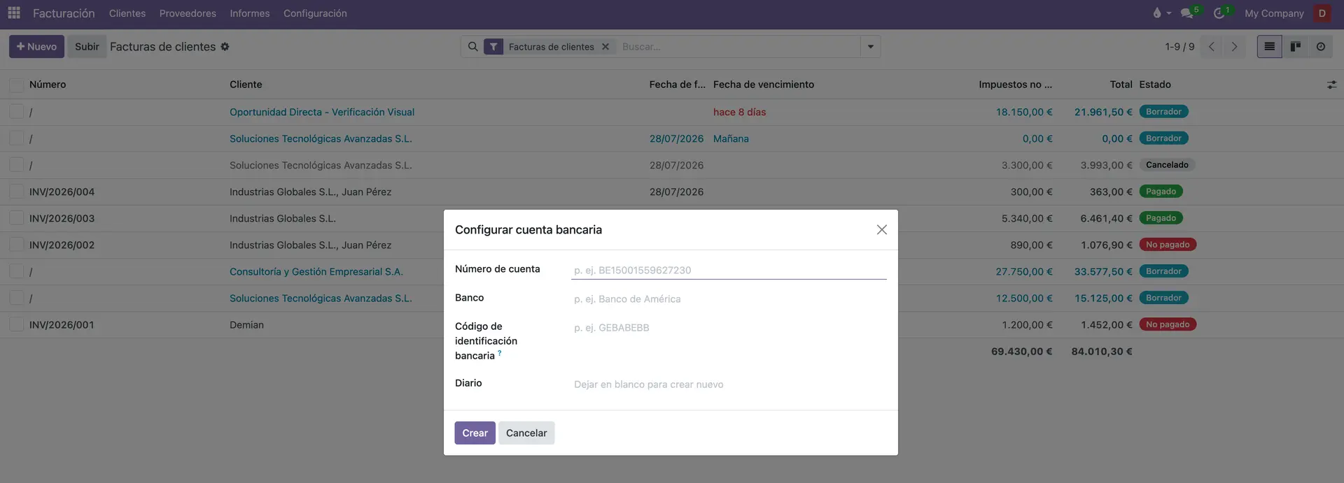 Chart of accounts configuration screen in Odoo